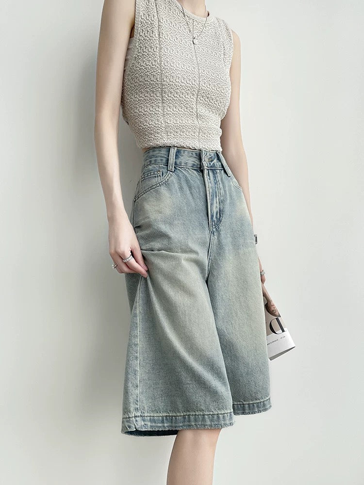 Retro denim shorts for women in summer, thin high waist, loose and slim, small Hong Kong style straight wide leg mid-length pants
