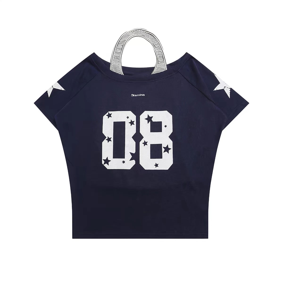Baobaotang Women's Summer Lightweight Loose-Fit Cold-Shoulder T-Shirt – Retro American Style with Number Print and Asymmetrical Neckline