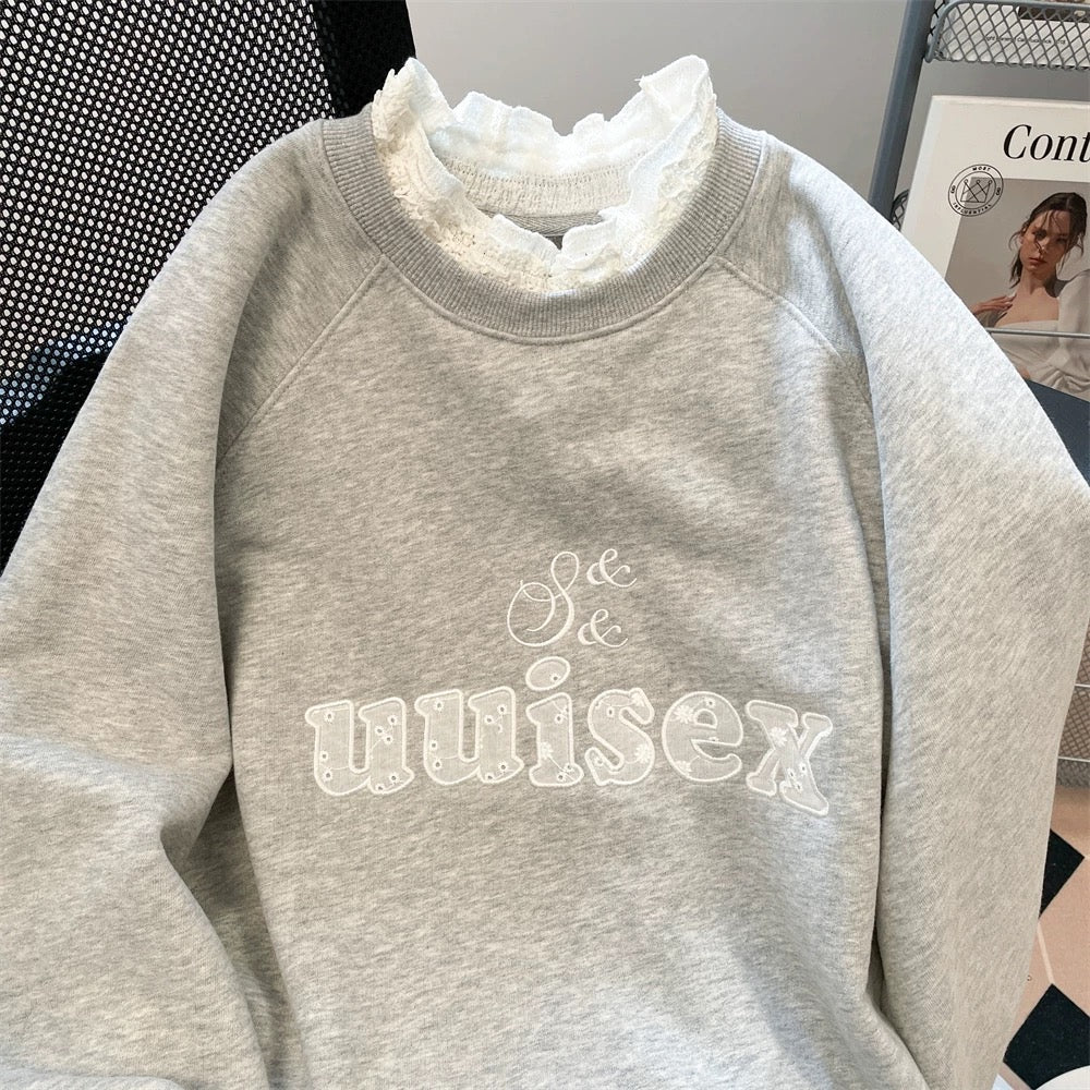 Gray lace-trimmed fake two-piece patchwork embroidered sweatshirt for women in spring and autumn, unique and beautiful lazy top