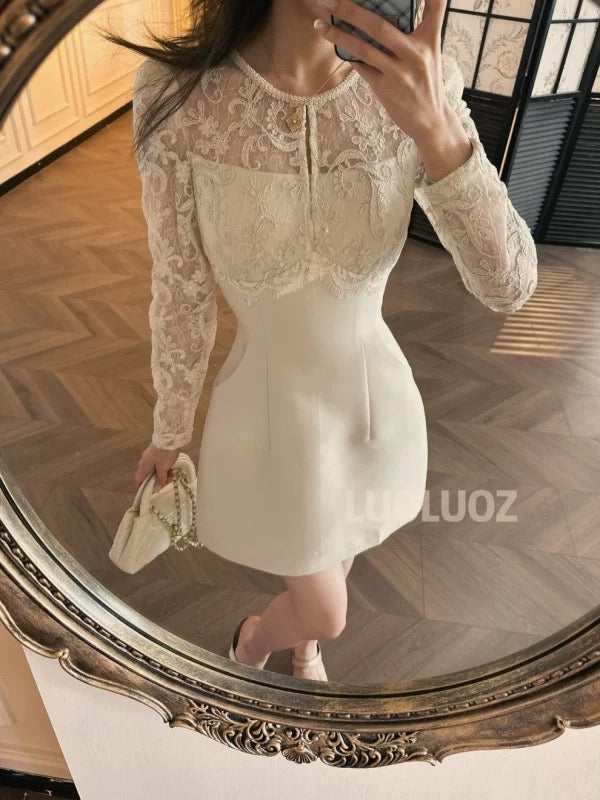 LUOLUOZ【Moonlight White Tea】High-end temperament beautiful lace long-sleeved waist short dress jF995