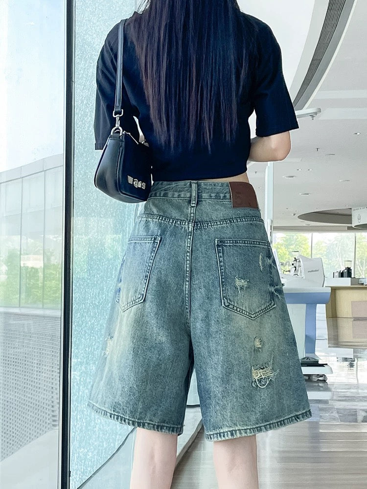 Hot girl ripped denim shorts shorts women 2025 summer thin high waist loose slim beggar wide leg mid-length pants