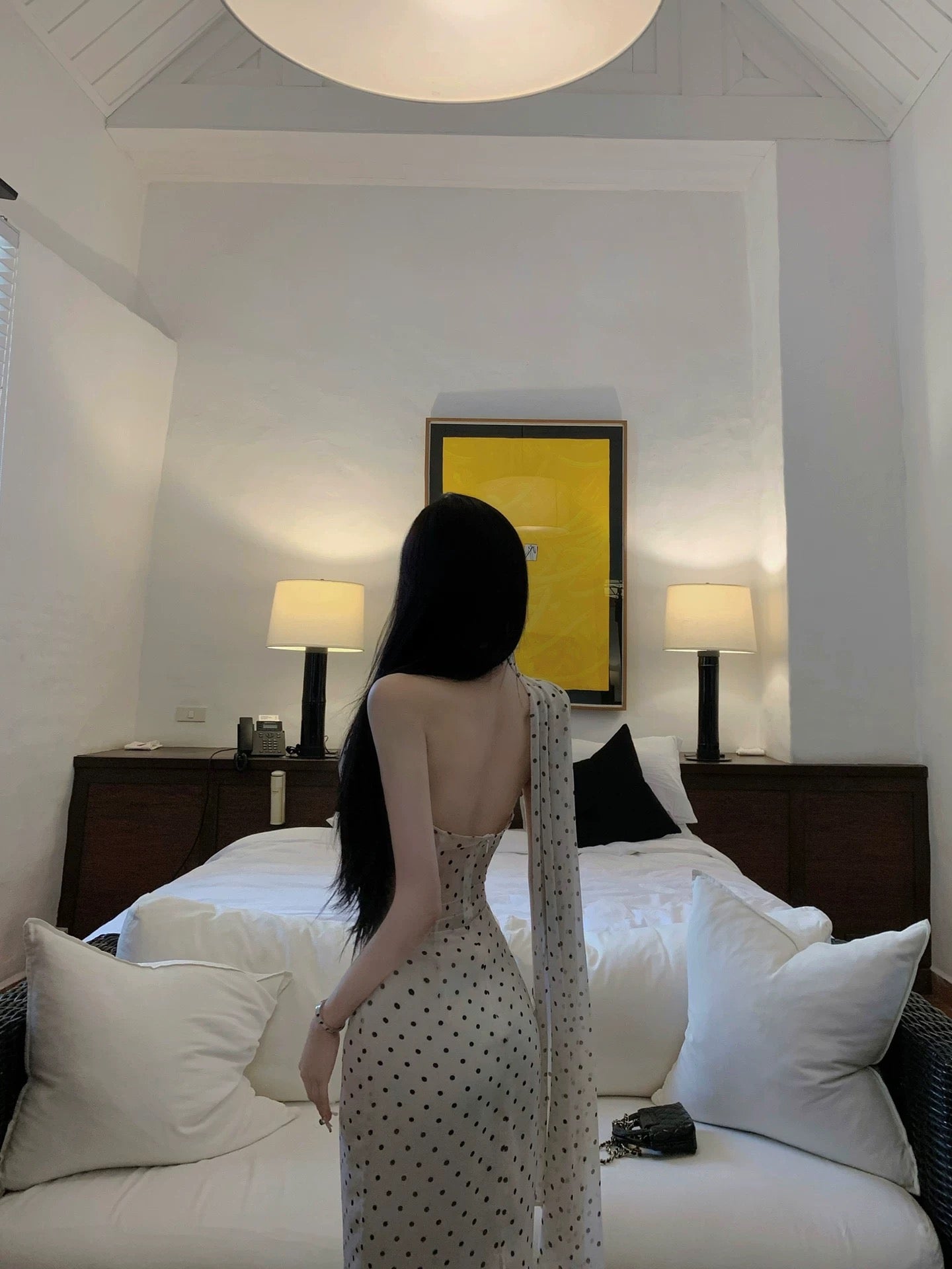 JAYKY YANG 【Polka Dot Brandy】Backless Polka Dot French Dress, Elegant Halter Neck Tie-Waist Long Dress