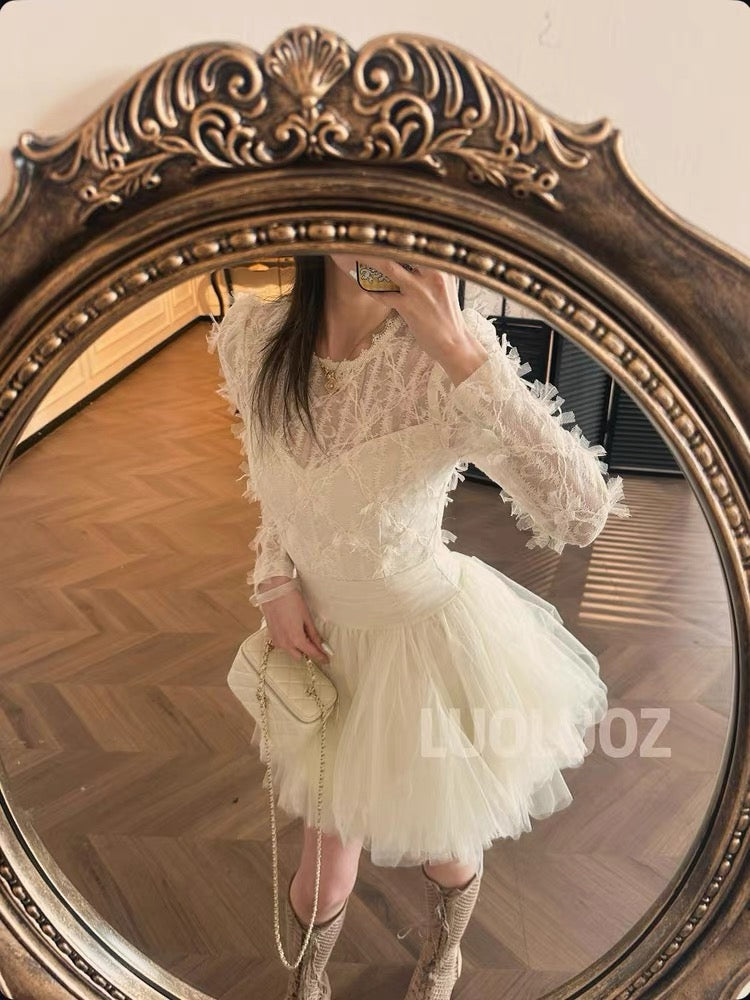 LUOLUOZ【Flower Love】Long-sleeved, elegant, high-end, short, fashionable dress JF580