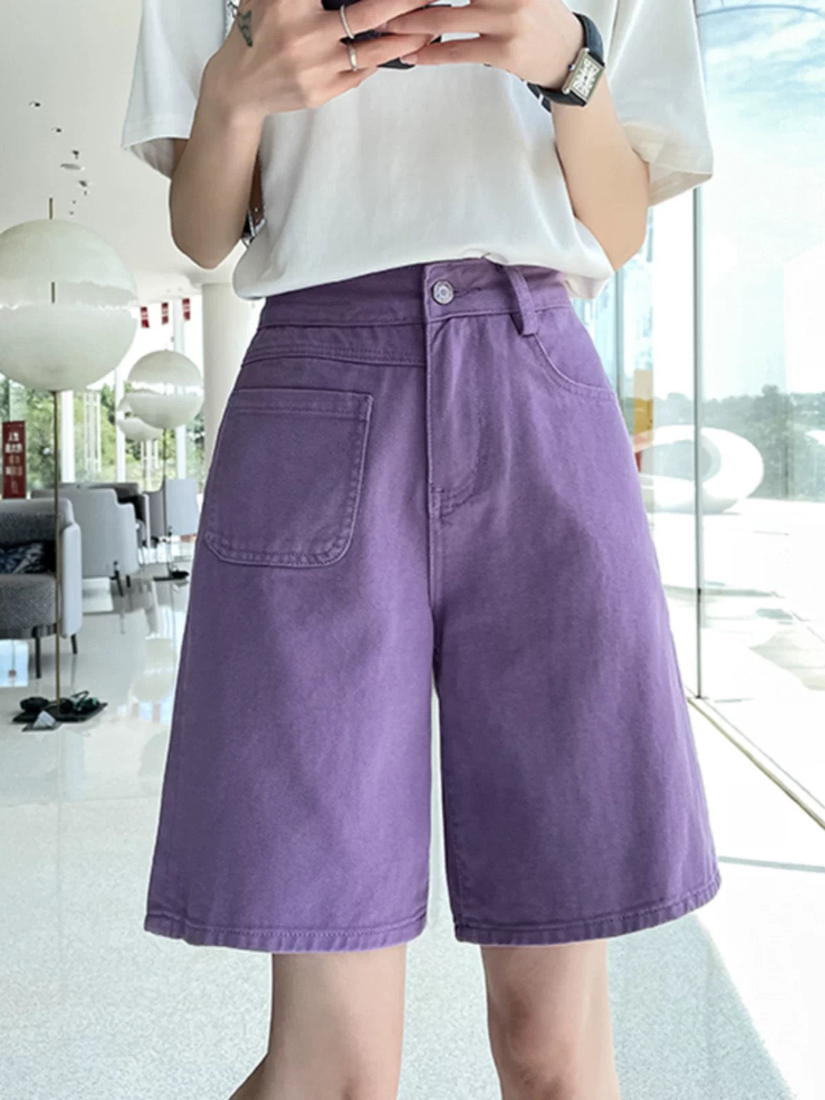 Yellow denim shorts for women in summer thin style high waist slim loose straight a-line hip-covering wide-leg mid-length pants trendy