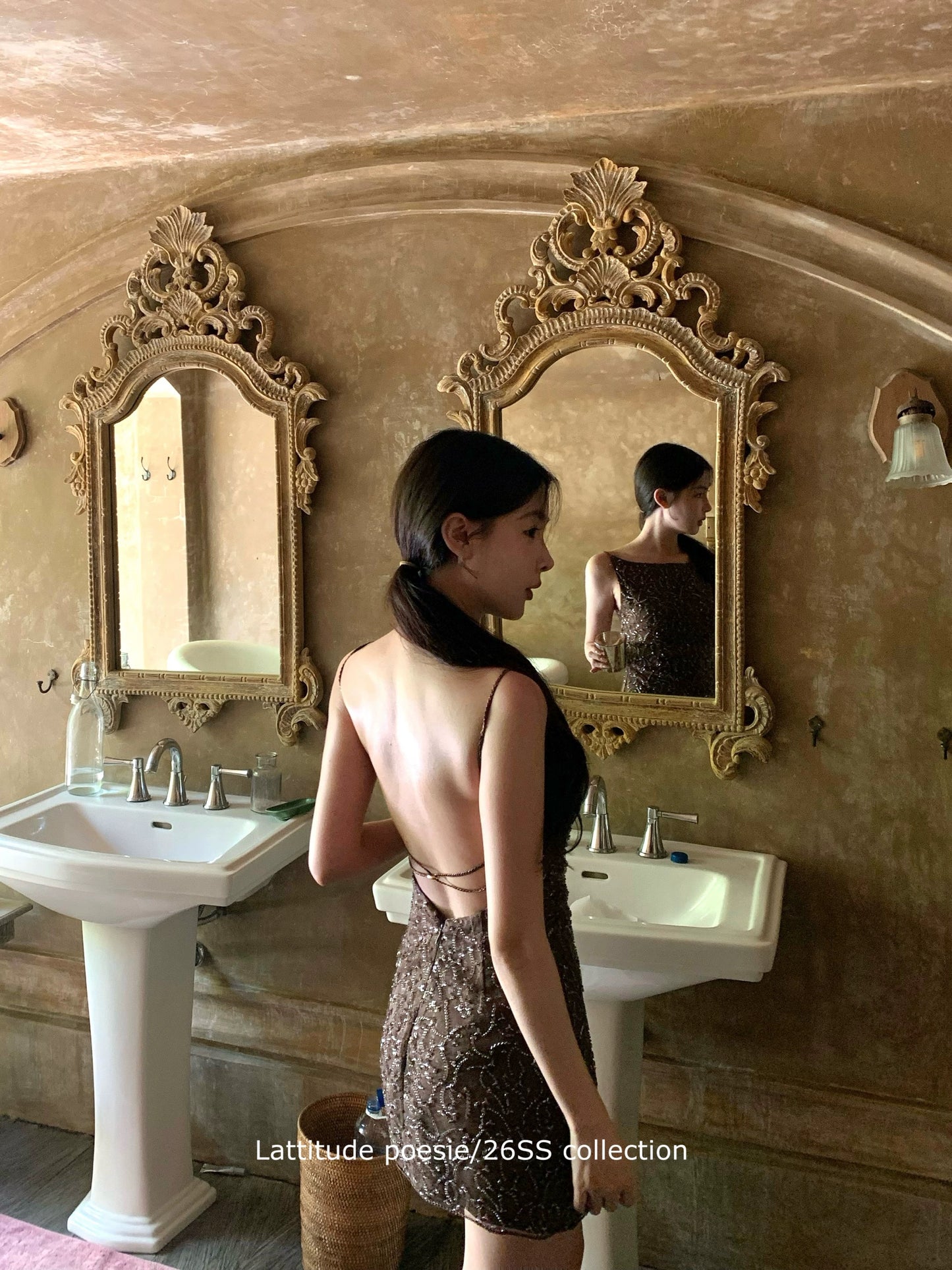 Lattitude/Yang Xiaolu Handmade Beaded Backless Spaghetti Strap Bodycon Dress