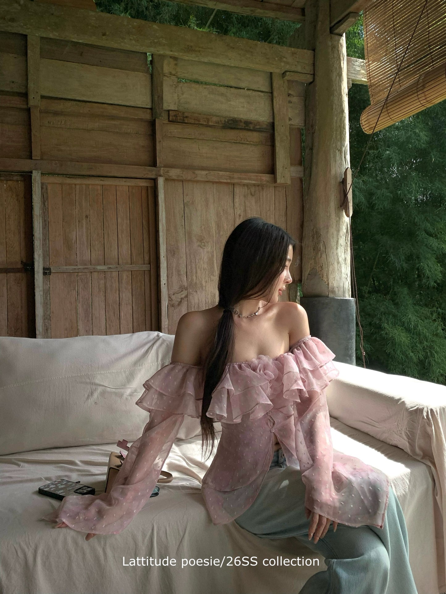 Lattitude/Yang Xiaolu Pink Polka Dot Off-Shoulder Floral Top