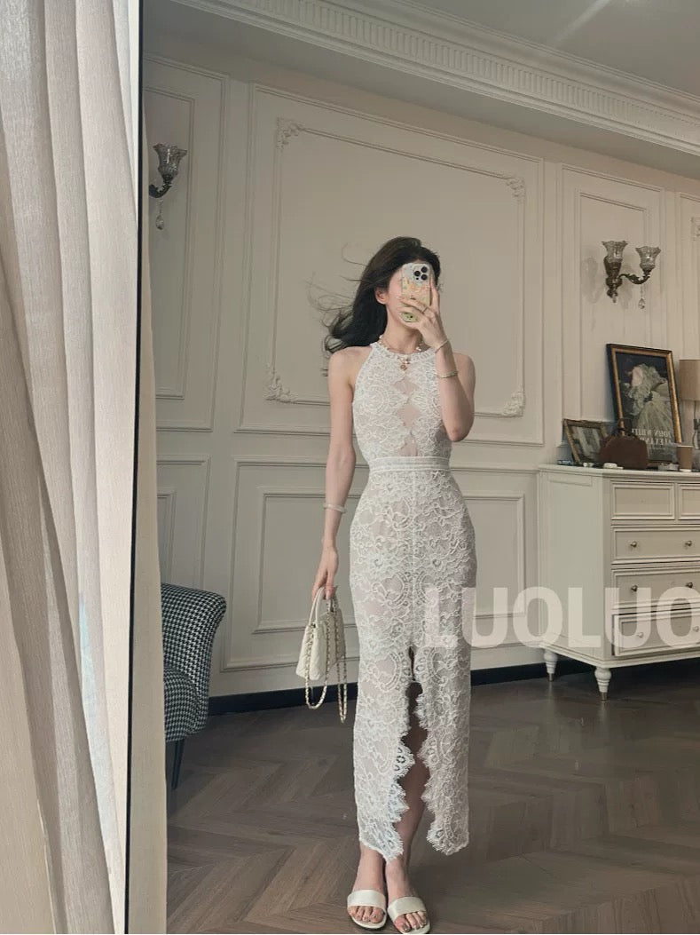 LUOLUOZ【Fantasy Feast】Beautiful Temperament Goddess Light Luxury Lace Irregular Long Dress JF804