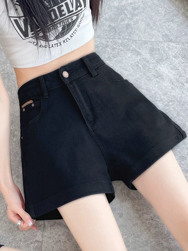 Black denim shorts women 2025 summer thin high waist loose large size fat mm American hot girl a-line hot pants