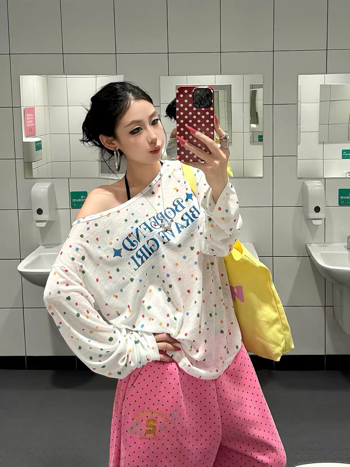 Baobaotang Women's American Retro Off-Shoulder Long-Sleeve T-Shirt – Lightweight, Loose-Fit, Versatile Top with Colorful Polka Dots