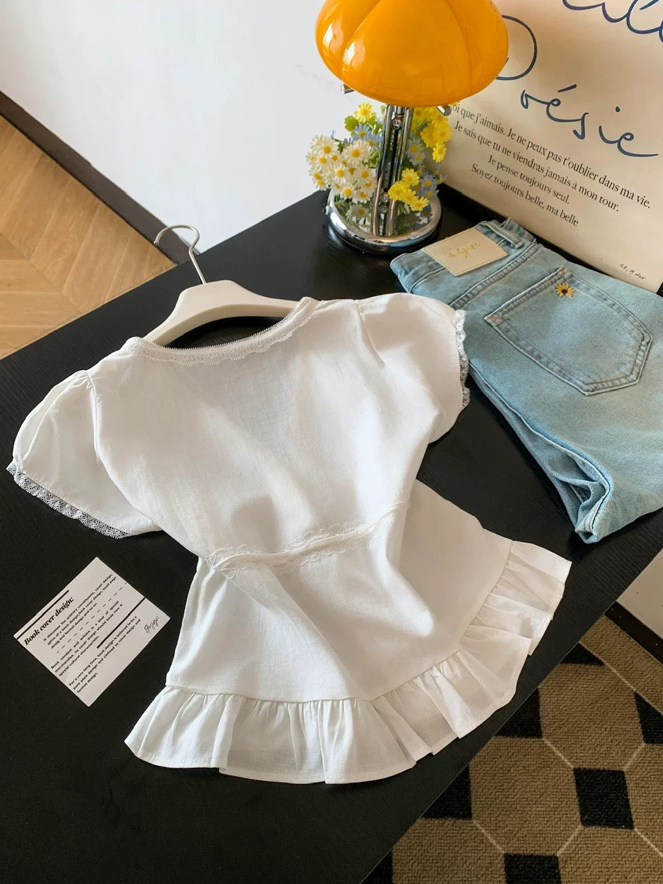 Yesterday's Romantic Korean Style Gentle Sweet Lace Ruffle Tie-Waist Slimming Short-Sleeve Shirt Top for Women, Summer