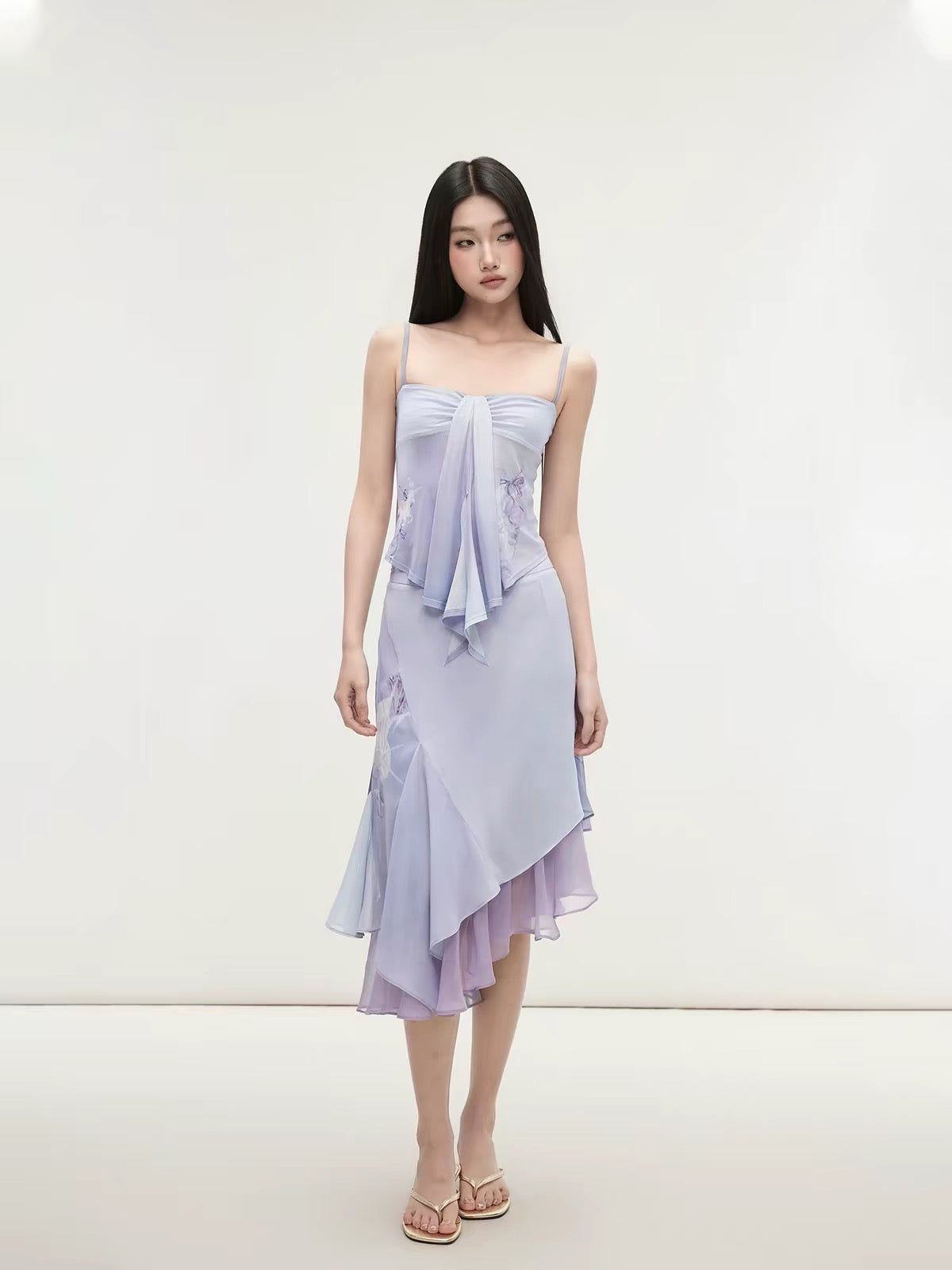 Matin Gris Purple Mesh Print Camisole & Double-Layer Lace Skirt Set with Ribbon Detail