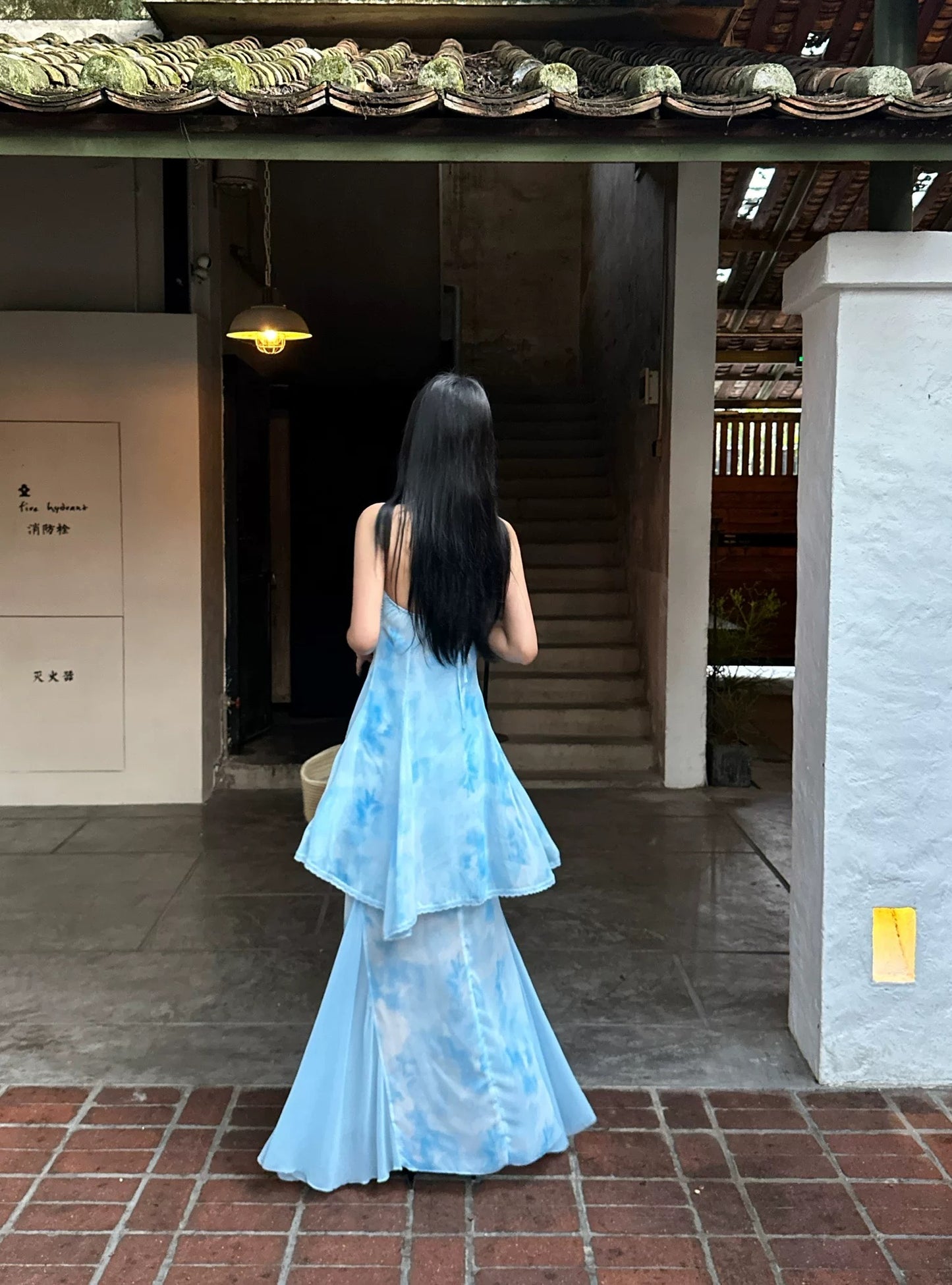 VENUIE Unique and Beautiful Chiffon Floral Print Long Blue Halter Neck Backless Dress