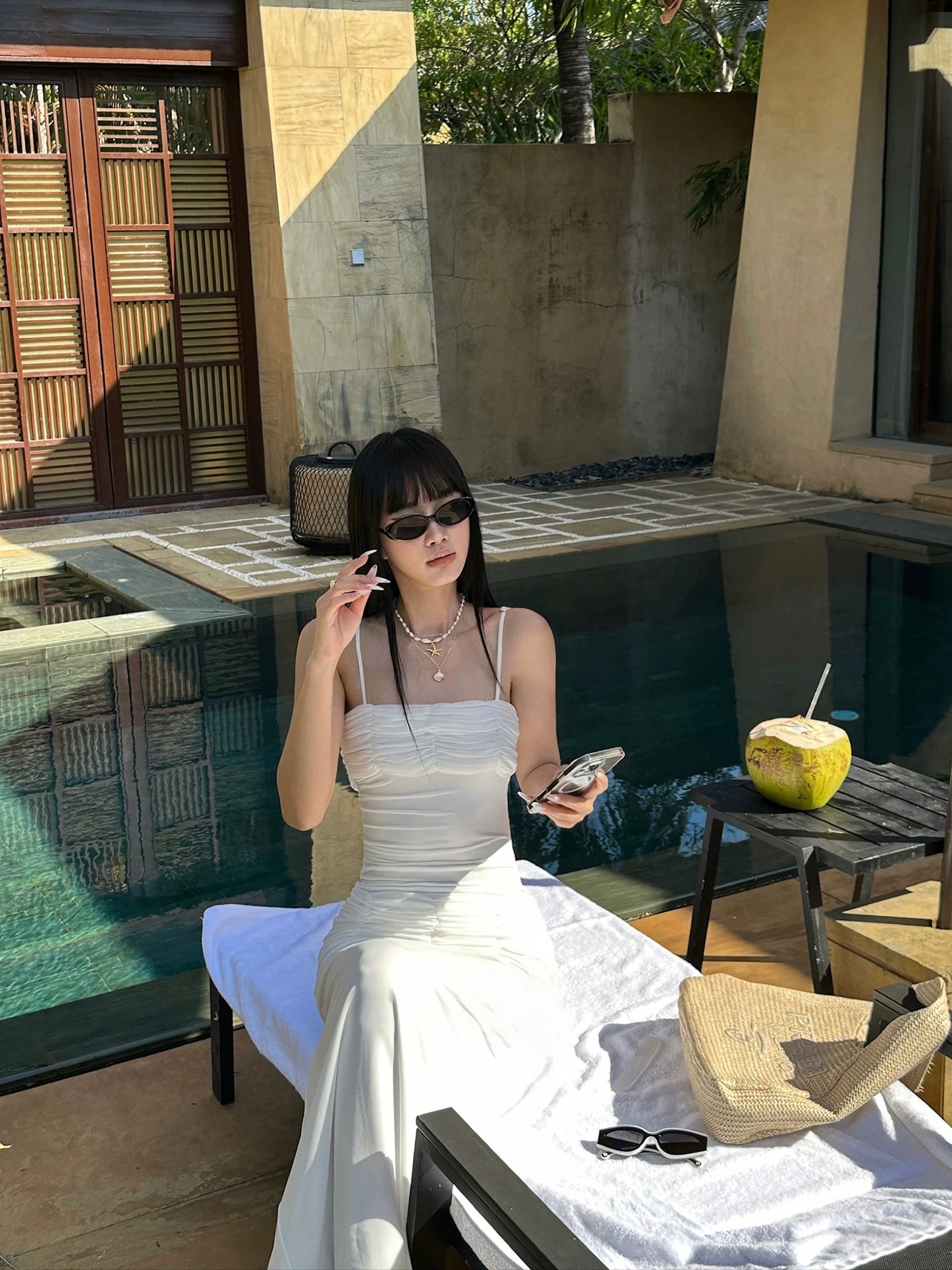 VENUIE White Spaghetti Strap Fishtail Dress for Women - High-End Design, Slimming Waist-Defining Pleated Sleeveless Bodycon Long Dress