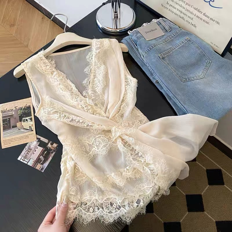 Jade Closet flagship store recommendation: A chic and stylish V-neck sleeveless lace blouse with a pure and alluring design.