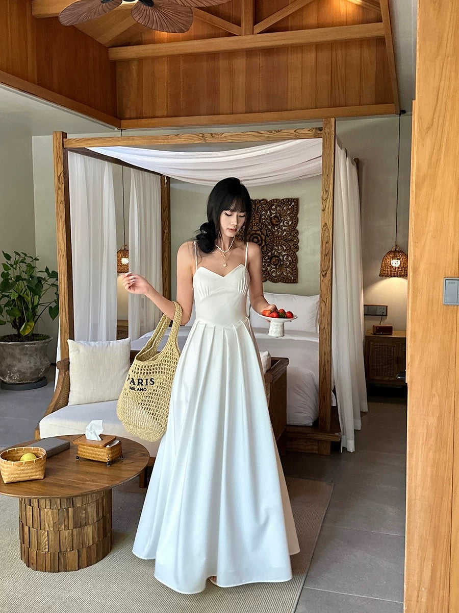 VENUIE White Fitted Waist Spaghetti Strap A-line Dress for Women, Spring Style, Simple High Waist V-neck Full Skirt Sleeveless Long Dress