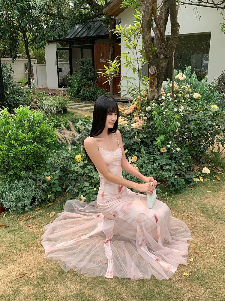 VENUIE light pink floral print mesh slip dress, gentle style, lace trim, slim A-line bodycon maxi skirt