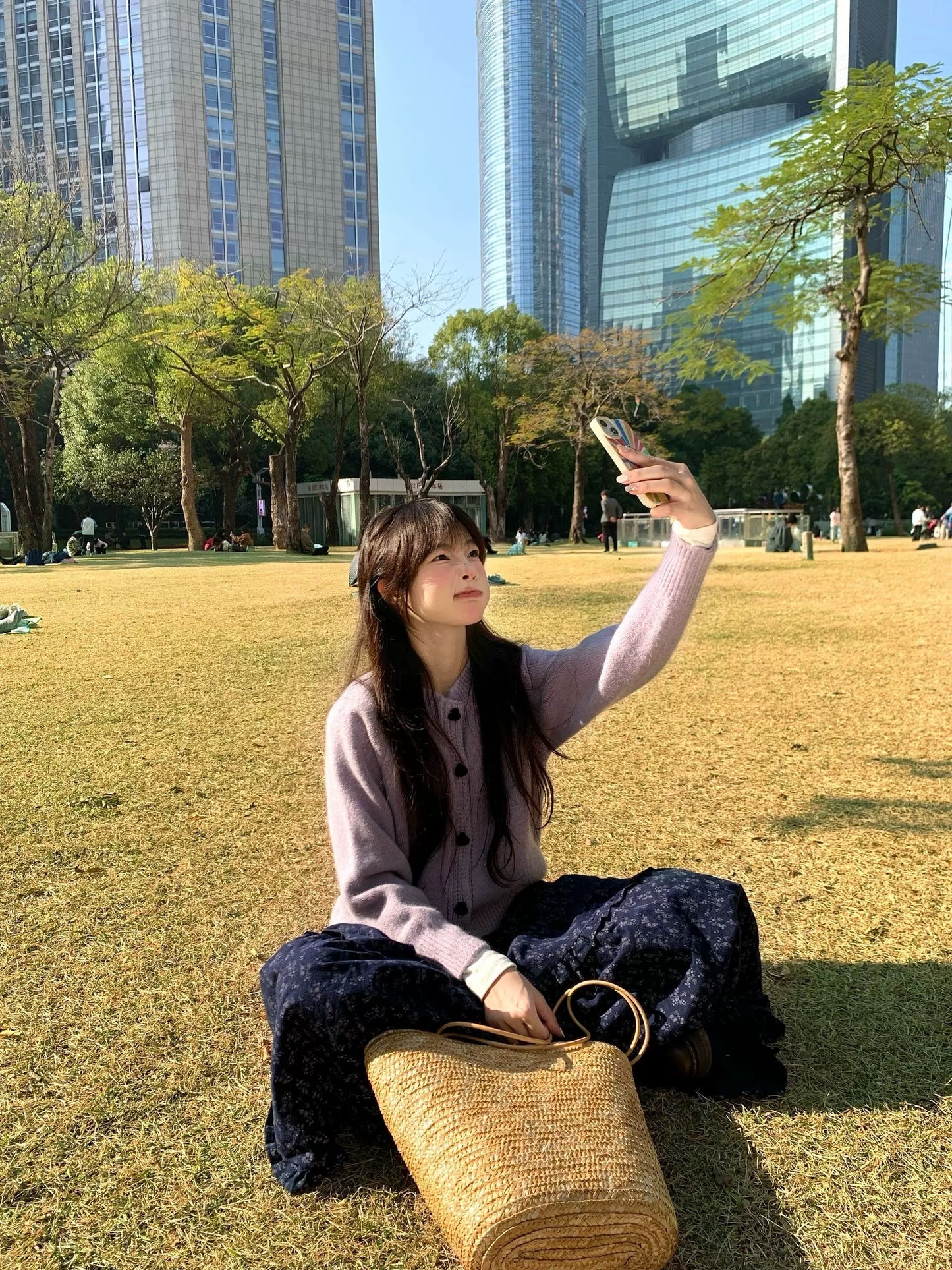 Korean style sweater coat knitted cardigan high waist beautiful floral maxi skirt autumn and winter two-piece suit