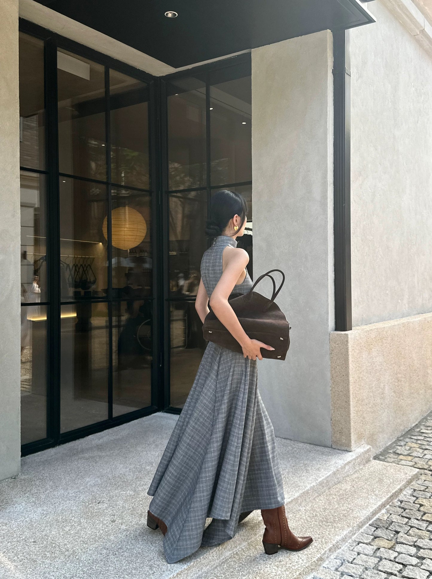 VENUIE Luxury Retro Stand Collar Plaid Halter Neck High-End Plaid Long Dress Sleeveless Irregular Hem Dress