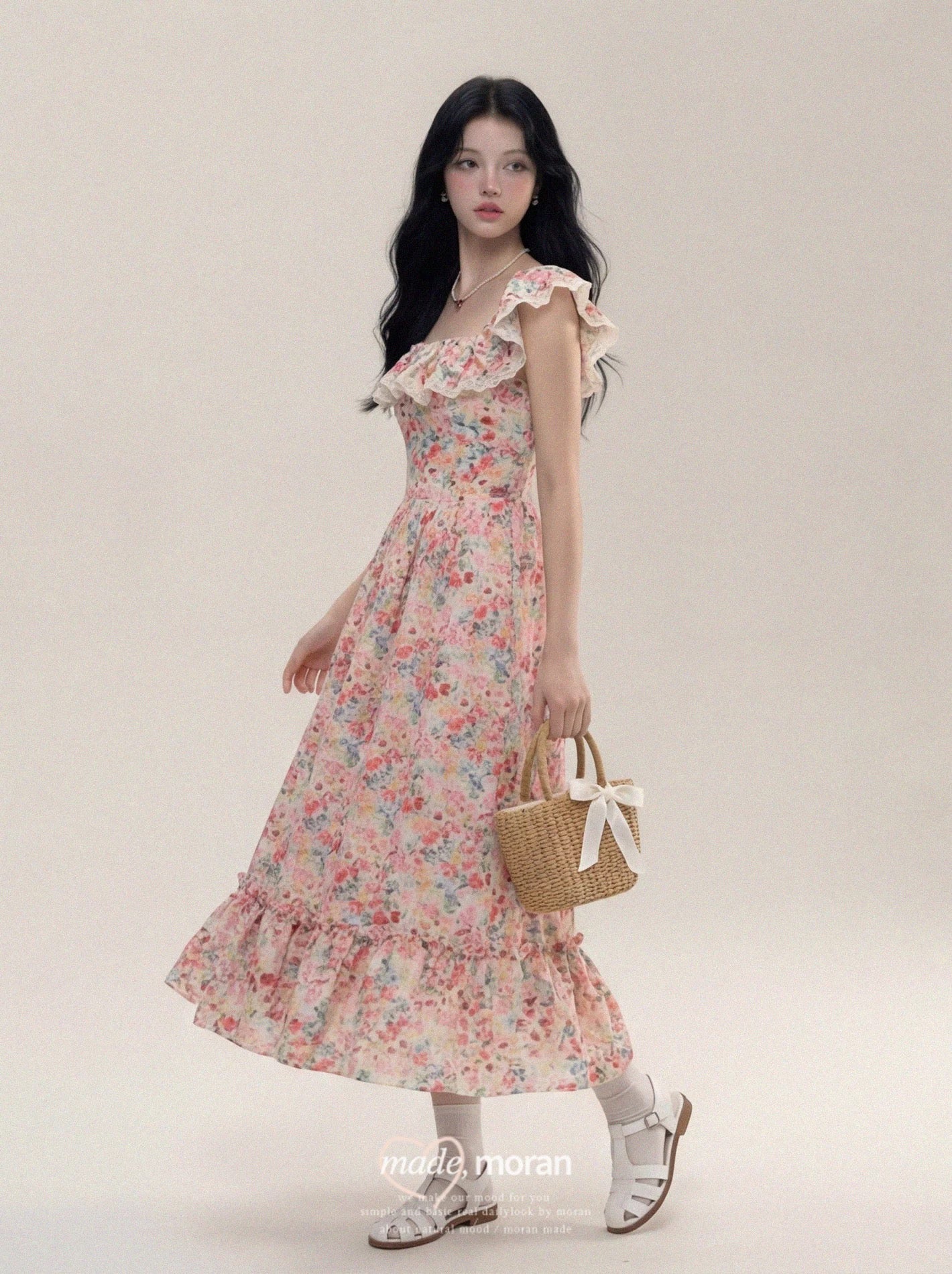 French retro oil painting floral square neck dress for women, slim fit, flattering for beach vacations, long dress with flutter sleeves, perfect for summer.