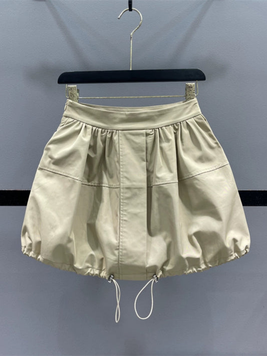 Workwear Drawstring High Waist Casual Skirt Women's 2024 Summer Slim A-Line Puff Skirt Small Flower Bud Short Skirt