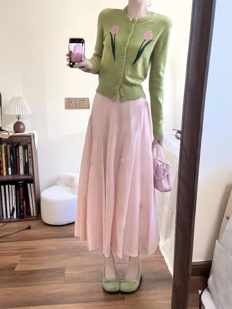 Early autumn Korean style outfit with avocado green flower embroidered knitted cardigan sweater skirt two-piece suit
