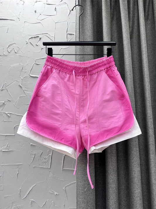 ins internet celebrity style 2024 spring new Korean style elastic waist gradient pink casual pants wide leg denim shorts for women