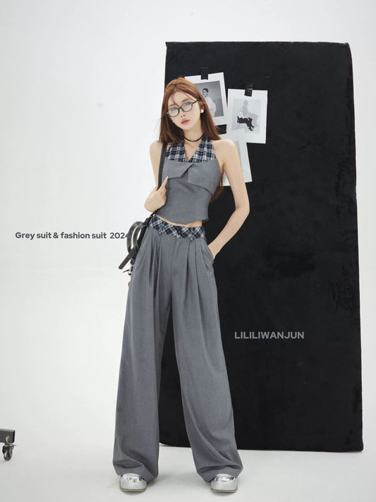 Li Wanjun spliced halter neck camisole women's summer Thai niche gray camisole top hot girl tube top