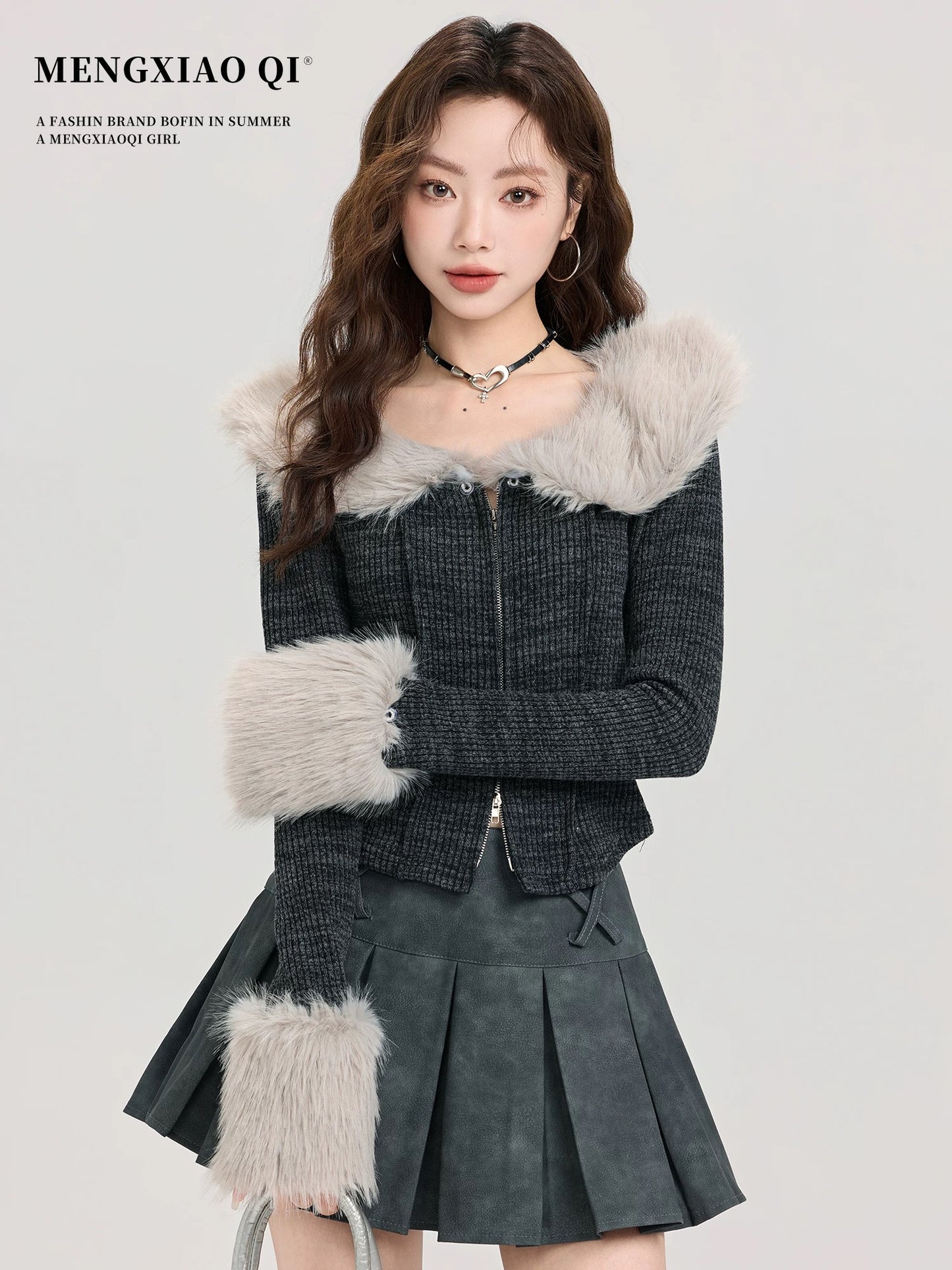 Meng Xiaoqi lapel mink velvet zipper sweater jacket for women autumn and winter high-end temperament short knitted cardigan top