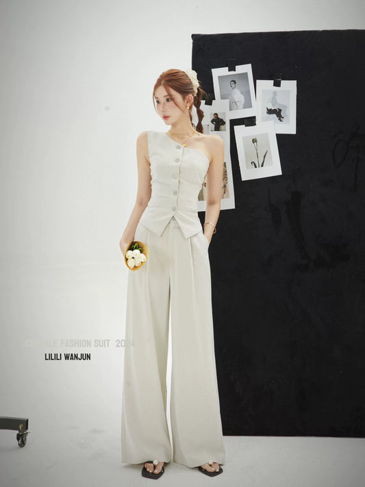 Li Wanjun Fashionable Casual Two-piece Suit Women's Summer 2024 New Sleeveless Vest Top Suit Wide Leg Pants