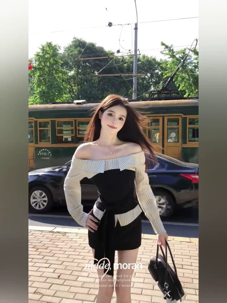 French style one-shoulder striped patchwork suit for women, waist-binding slimming top and skirt two-piece suit, new style for early autumn