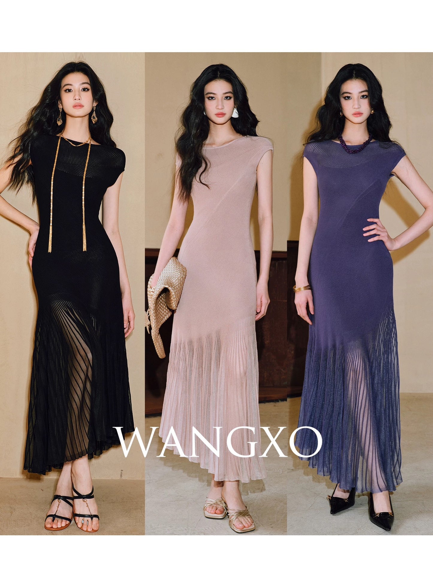 WANGXO|Custom-woven cool silk organza stitching|Light and flowing|Slim fit shoulder dress with flared hem