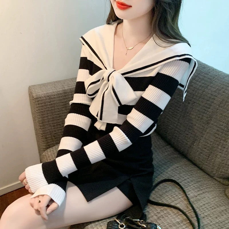 Navy collar sweater autumn women's 2024 new striped sweater long-sleeved tops fashionable and beautiful bottoming shirt