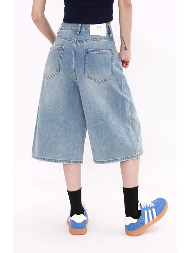 MZVZ Cartoon Cat Embroidered Cropped Jeans for Women, Summer 2025 New Style, High Waist, Loose Fit, Wide Leg, 7/8 Cropped Shorts