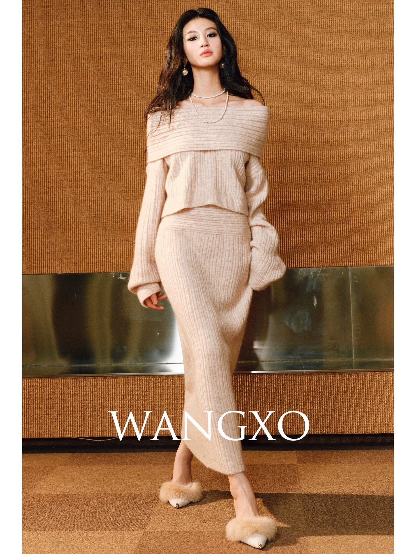 WANGXO|Italian baby mohair wool|Cloudy brushed craftsmanship|One-shoulder knitted suit