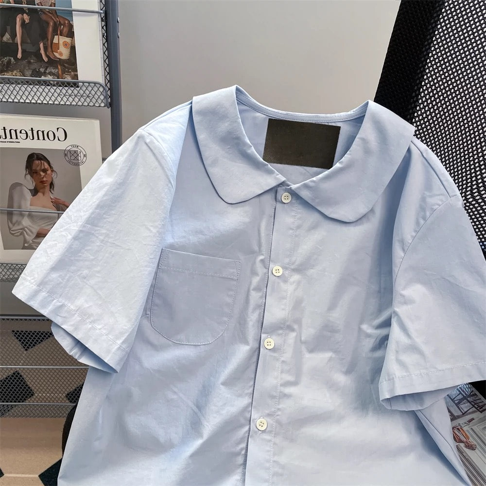 Japanese college style super good-looking doll collar short-sleeved shirts for men and women in summer sweet little short shoulder tops
