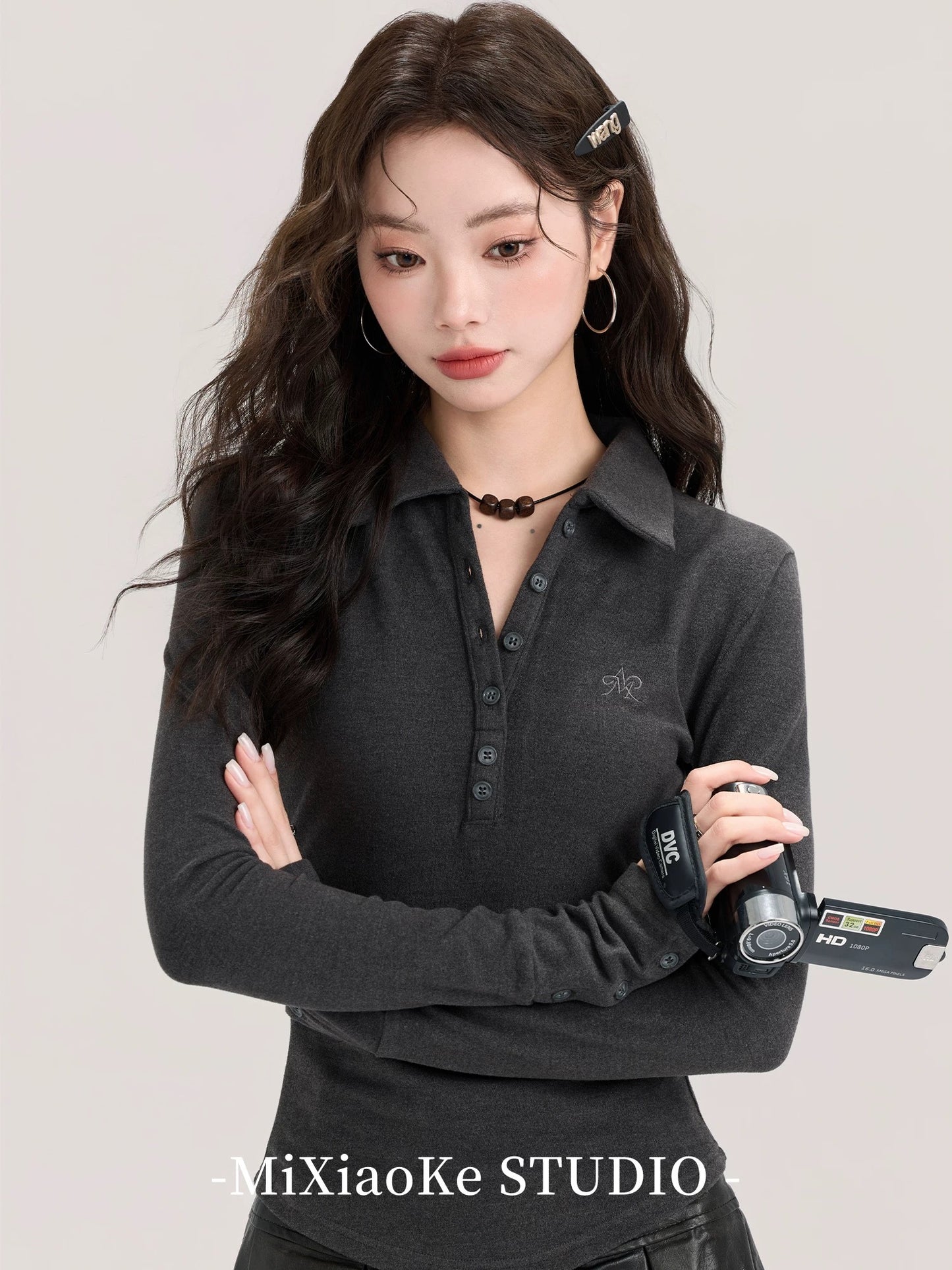 Mi Xiaoke design gray slim long-sleeved T-shirt women's spring 2025 new style inner wear knitted sweater bottoming top