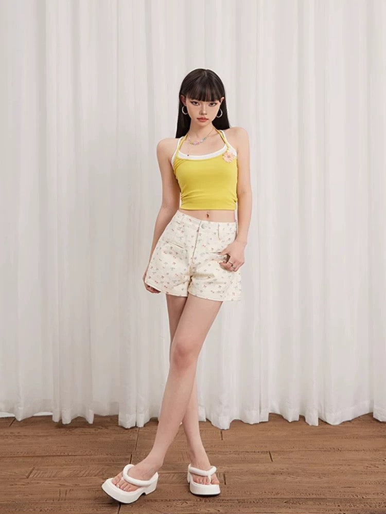 MZVZ White Floral Bow Denim Shorts Women's Summer High-Waisted A-Line Super Shorts Stylish Wide-Leg Hot Pants