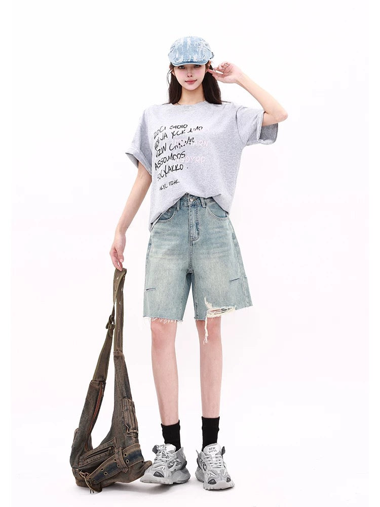 MZVZ American Retro Light Blue Five-Point Denim Shorts Women's Summer High-Waisted Straight Leg Ripped Wide Leg Pants