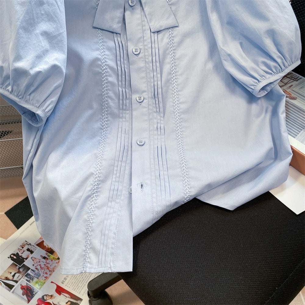 Japanese college style cute butterfly tie embroidered shirt men and women summer sweet doll collar puff sleeve short top