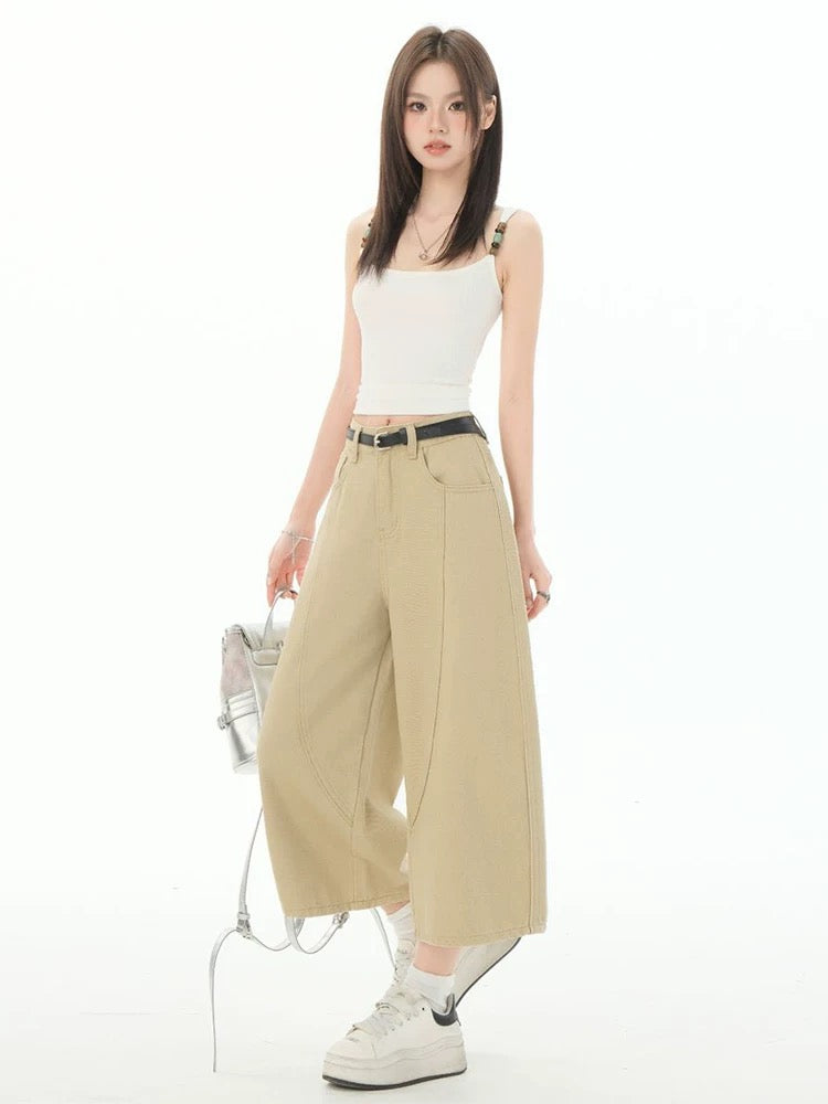 MZVZ Khaki Wide-Leg Curved Cropped Jeans for Women, Summer Style, Loose Fit, Straight Leg, Seven-Point Cropped Shorts