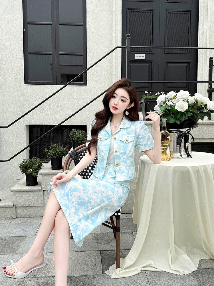 Unique and beautiful Tencel denim small suit 2025 summer new style women's age-reducing one-piece outfit two-piece skirt suit