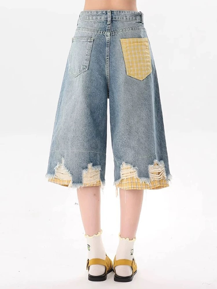 MZVZ Cartoon Graffiti Ripped Denim Cropped Pants Women's Summer New Style Plaid Patchwork Loose Wide Leg Five-Point Shorts