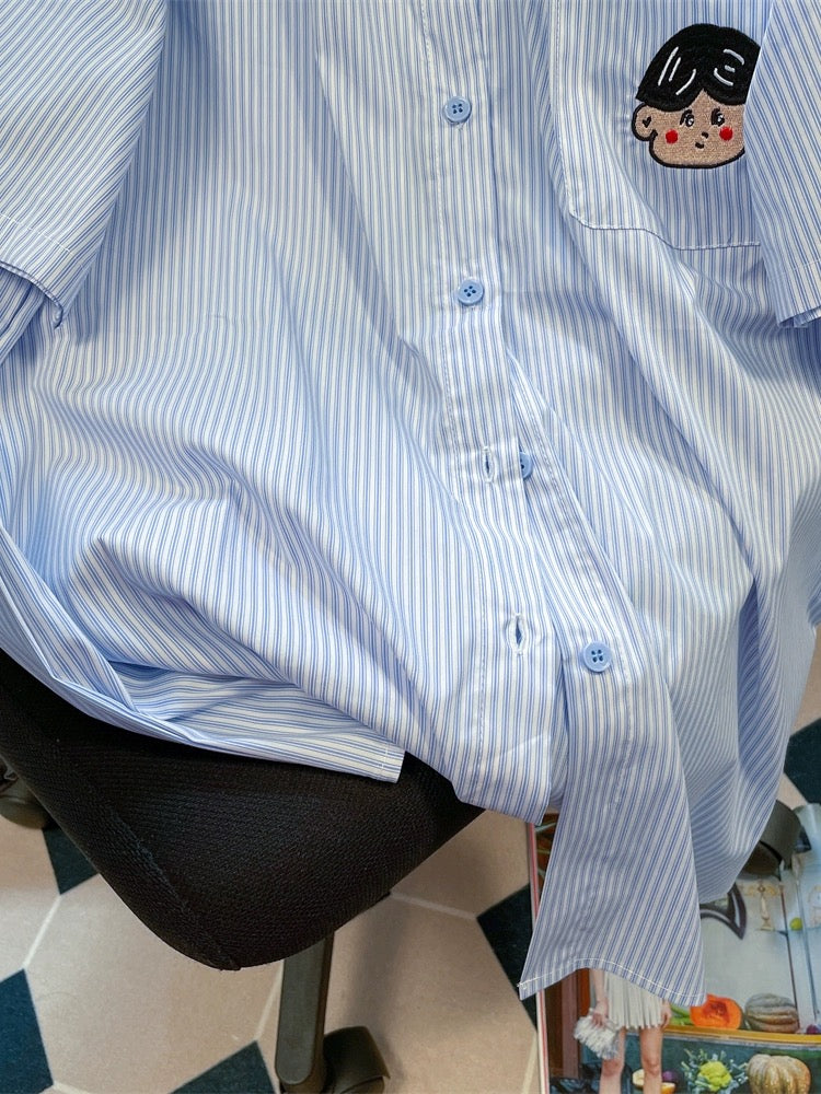 Retro Hong Kong chic blue striped embroidered shirt women's summer short-sleeved oversize lazy style niche top