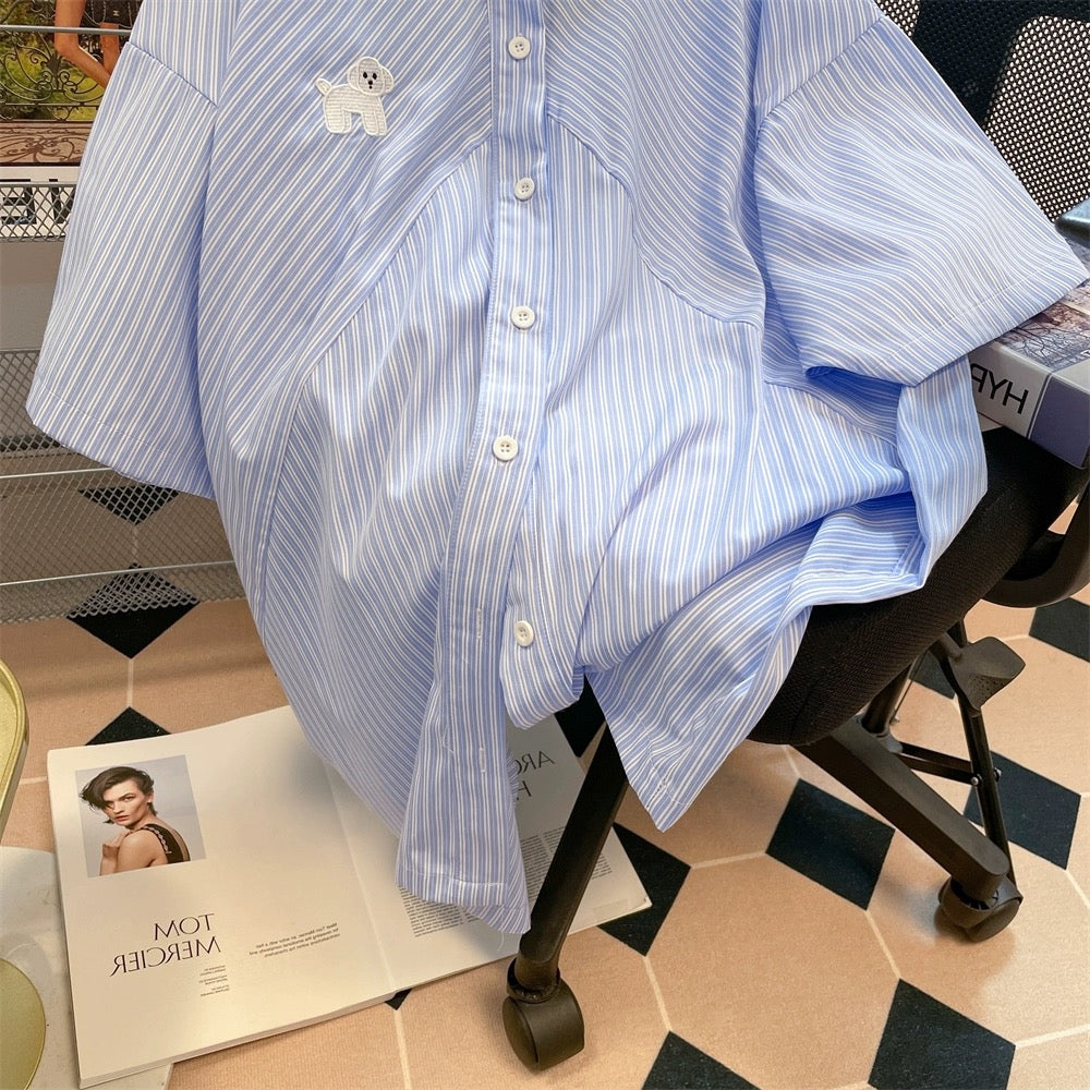 Japanese retro blue and white striped dog short-sleeved shirts for men and women summer chic Hong Kong style oversize shoulder tops