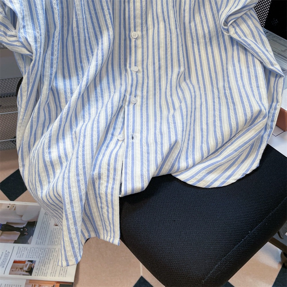 Japanese style small fresh retro blue and white striped short-sleeved shirts for men and women in summer loose front shoulder slim small flying sleeve tops