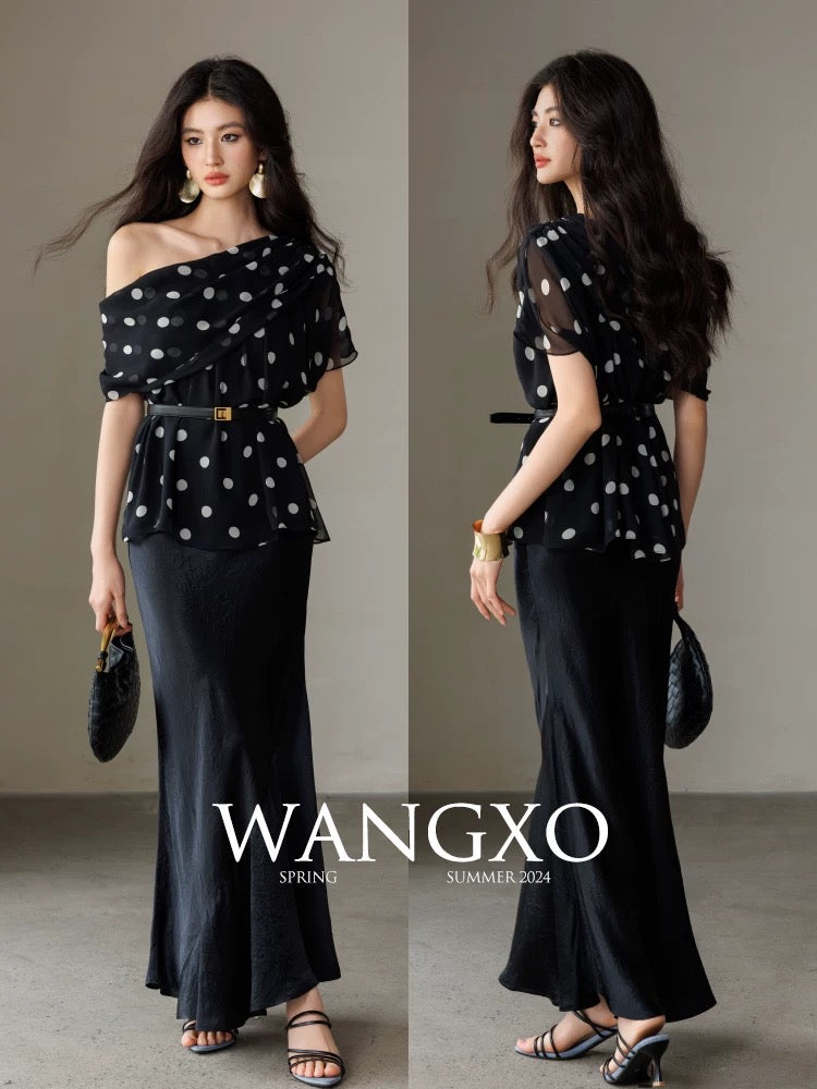 WANGXO|Customized light georgette|Dynamic polka dots|Off-shoulder two-way design hand-pleated chiffon shirt