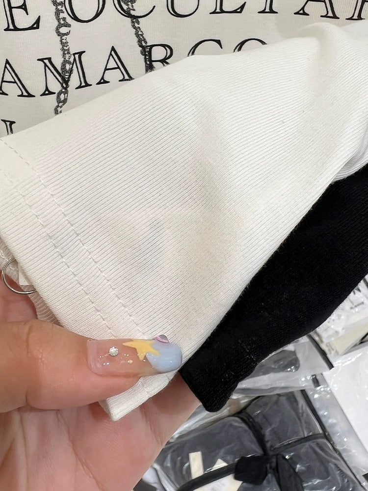 Pure cotton right shoulder round neck white short-sleeved T-shirt for women summer 2024 new style bow letter print slim fit top