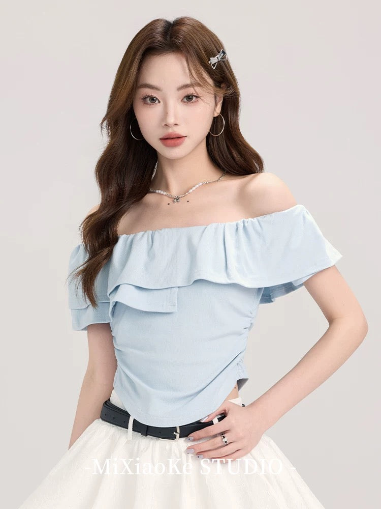 Mi Xiaoke French ruffled one-shoulder short-sleeved T-shirt for women in summer with a slim fit and pleated short top