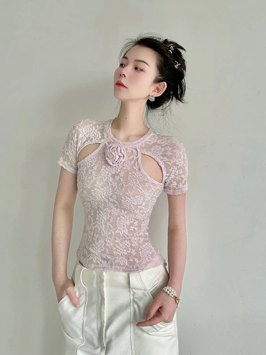 Ledisa original design chic hollow tops women's summer three-dimensional rose flower slim fit gg1593