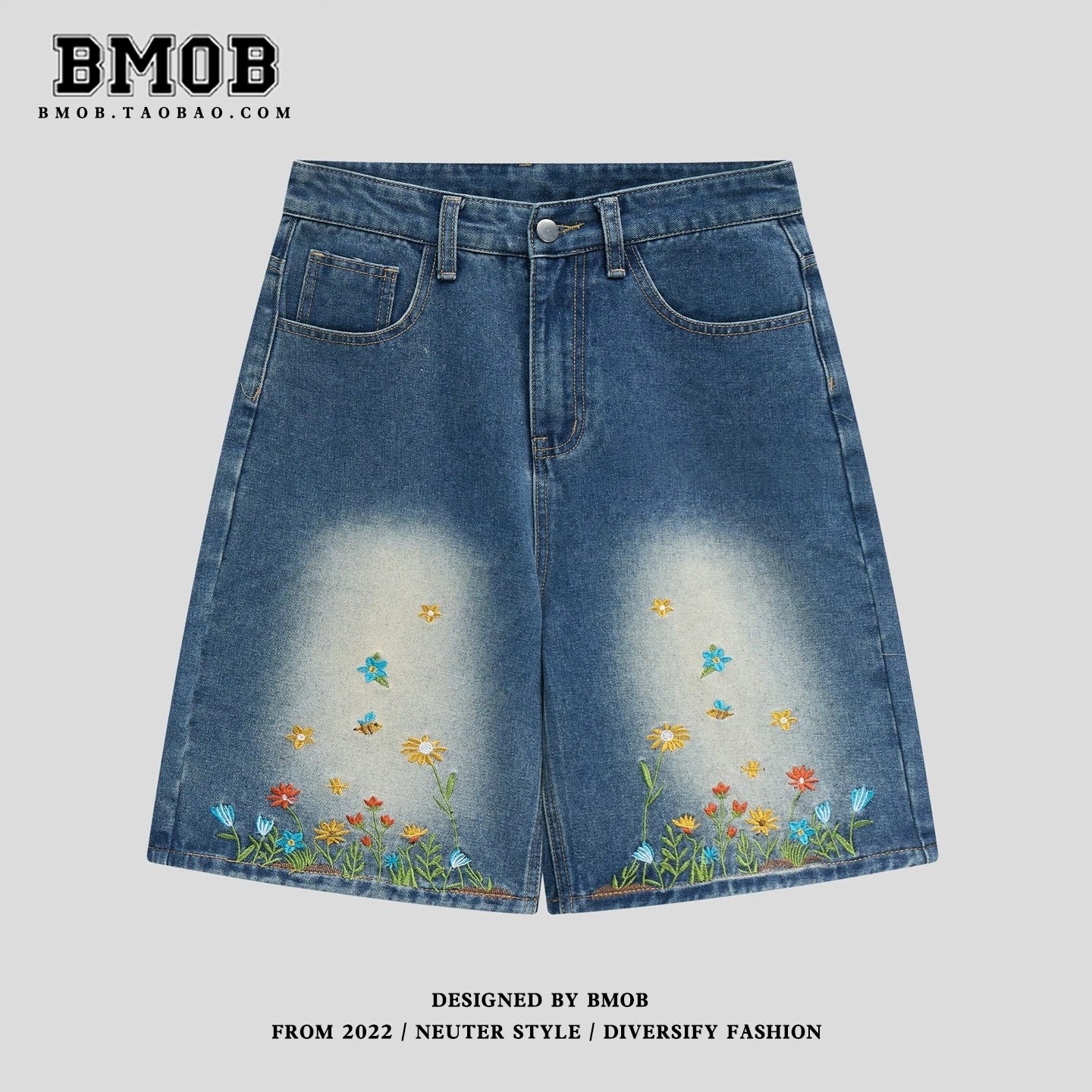 BMOB American Retro Floral Embroidered Denim Shorts for Men and Women, Summer Trendy Loose Casual Cool Five-Point Pants